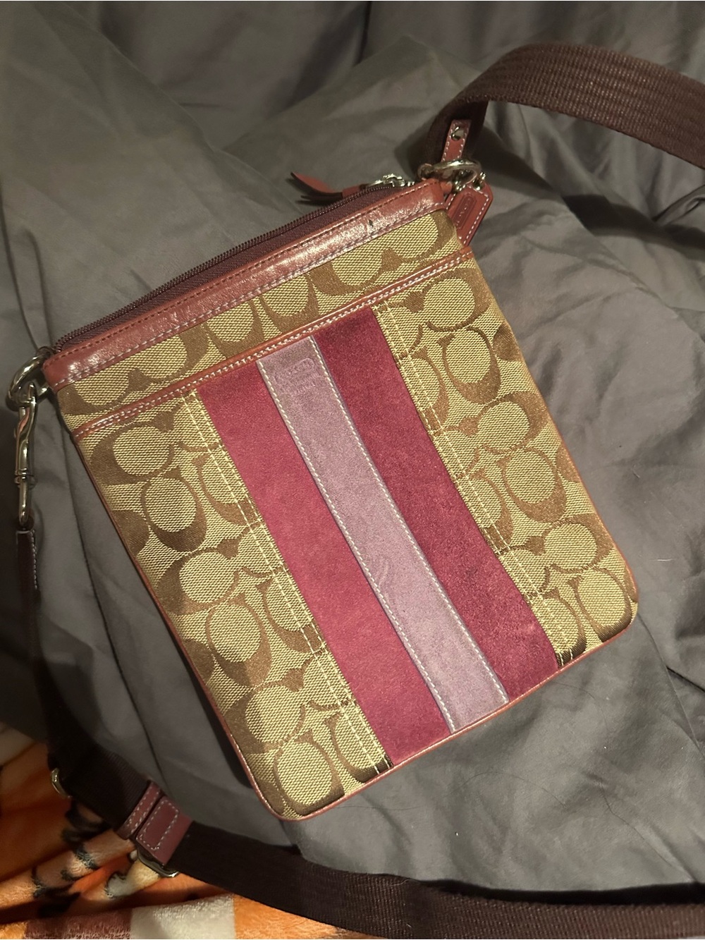 COACH Brown Signature Canvas Crossbody with Plum and Mauve Stripes